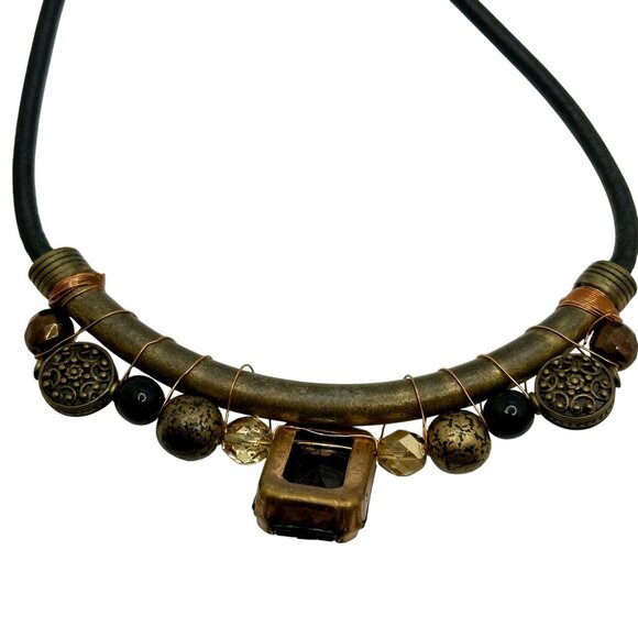 Chico's Necklace Jewlery Statement 22" Vintage Brass Tone Black Stone Corded - Picture 8 of 11